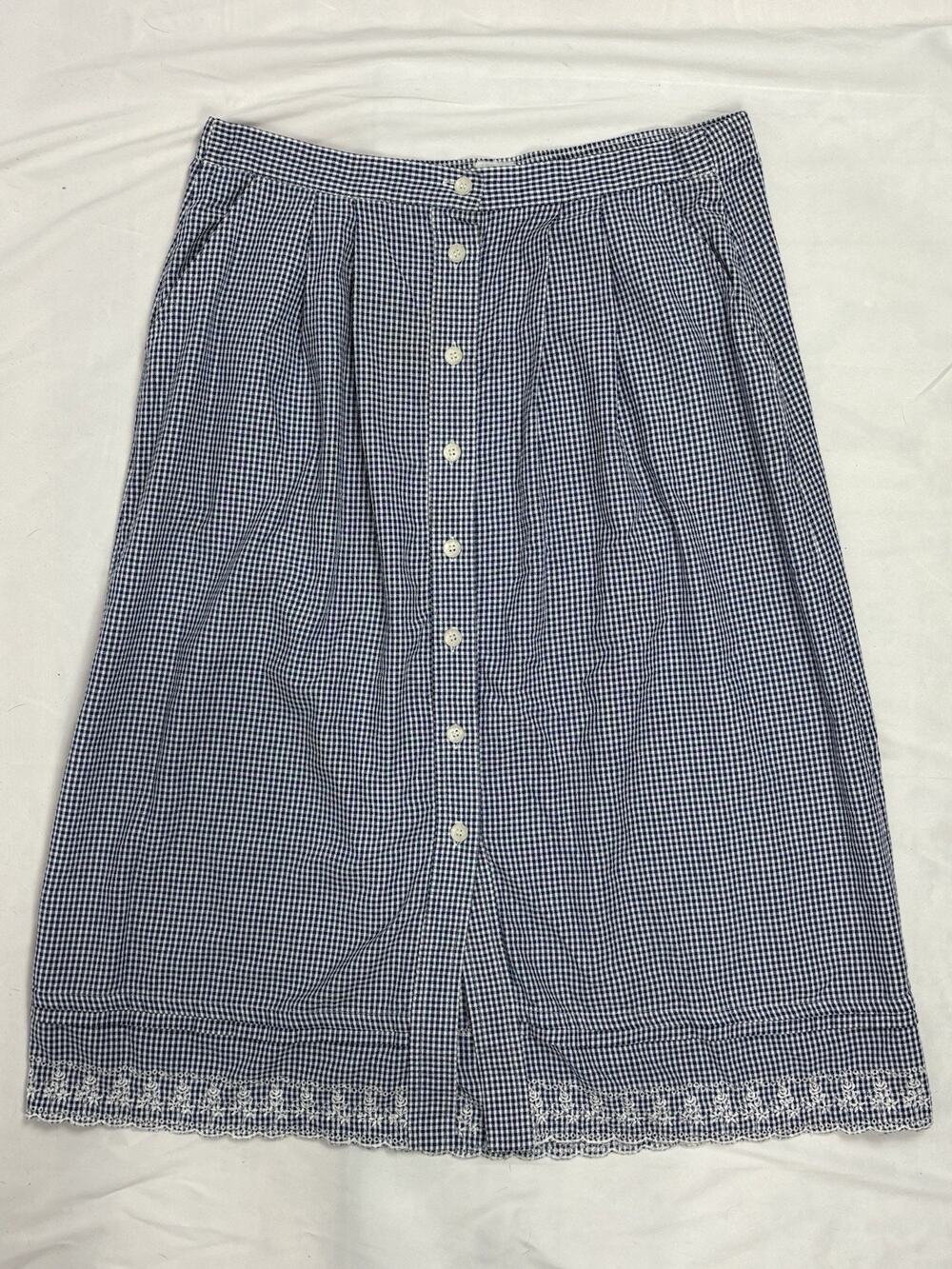 VTG Jantzen Cottagecore Blue White Gingham Midi Skirt Button Down Eyelet Trim XL
